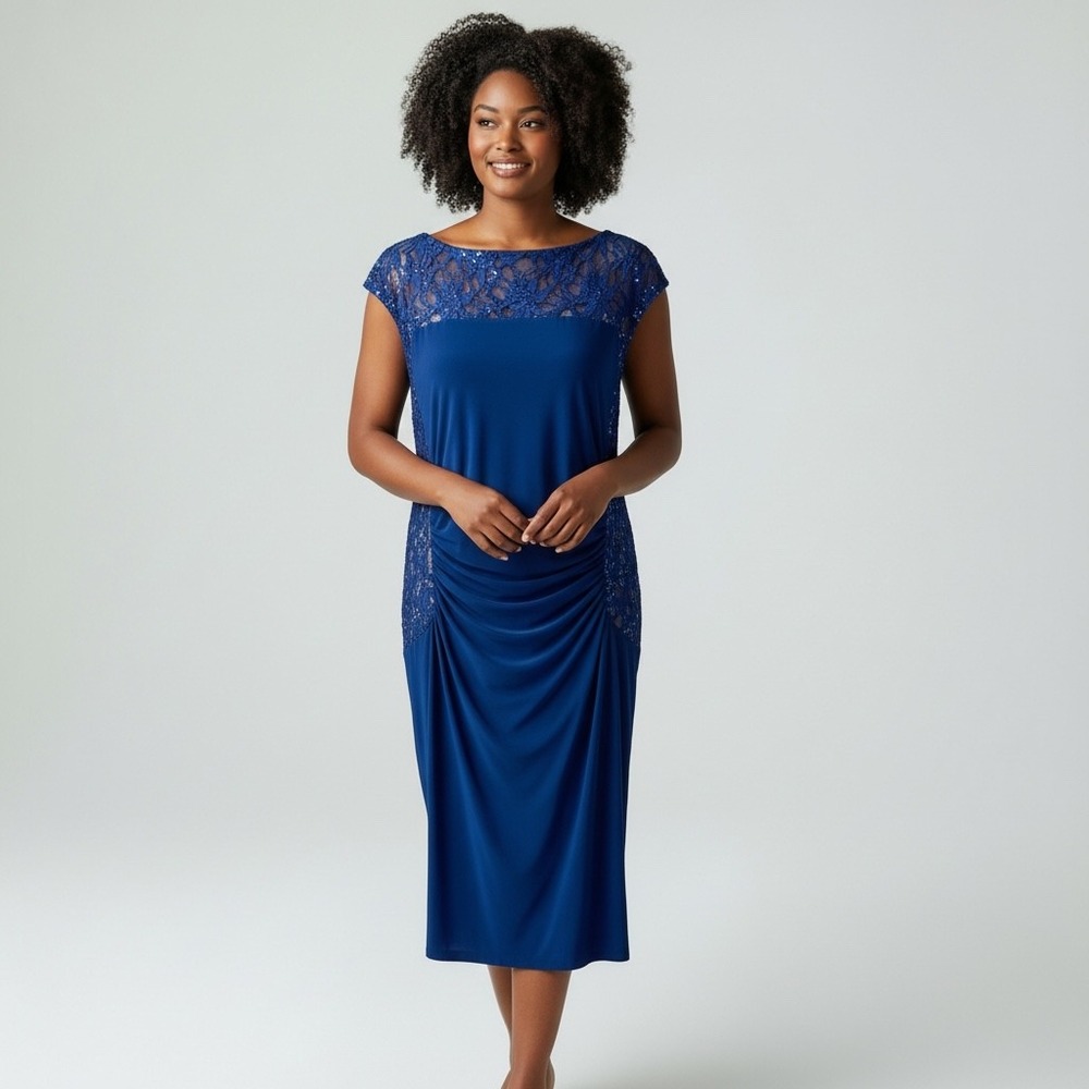 LAUREN Ralph Lauren Lace Sequin Dress Sz 18 New Blue Ruched Sheath Evening Party